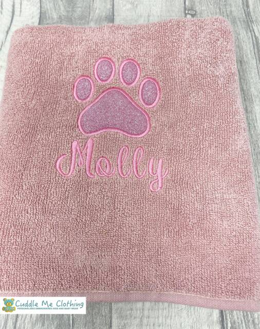 Personalised Puppy Hand Towel, Embroidered Pink Glitter Paw Print - image 1