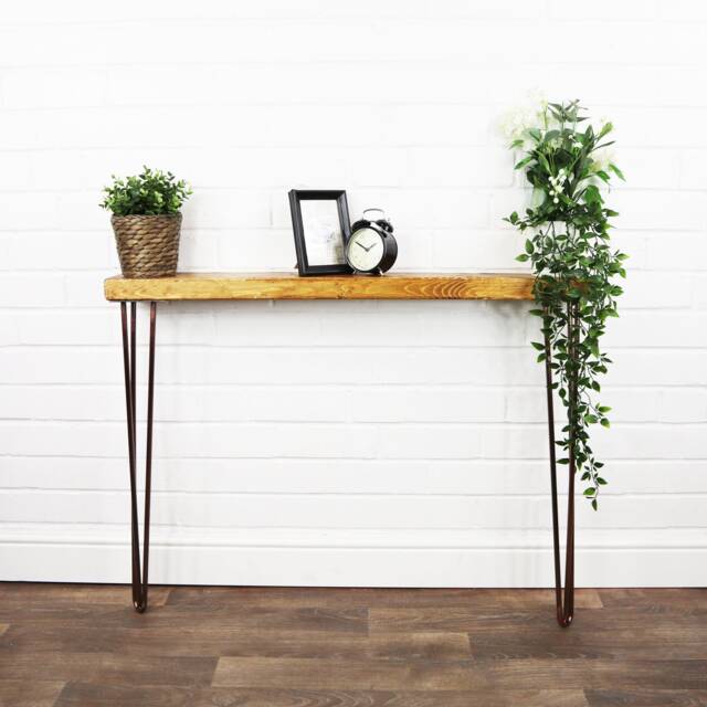 Rustic Console Table Slimline With Copper Hair Pin Legs - Reclaimed Timber Style Solid Wood Furniture - image 1