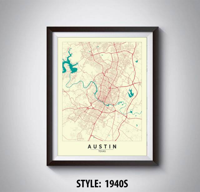 Austin Tx Map Print 1940S Style Travel Poster, Office Wall Art - image 1