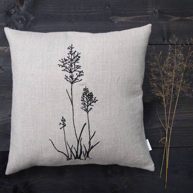 Linen Cushion 3 Grasses 100% Linen Natural Beige-Grey Cover Black Embroidered Size 40X40 45X45 50 X cm Button Placket Twisted Buttons - image 1