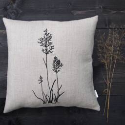 Linen Cushion 3 Grasses 100% Linen Natural Beige-Grey Cover Black Embroidered Size 40X40 45X45 50 X cm Button Placket Twisted Buttons - thumbnail 1