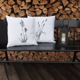 Linen Cushion 3 Grasses 100% Linen Natural Beige-Grey Cover Black Embroidered Size 40X40 45X45 50 X cm Button Placket Twisted Buttons - thumbnail 3