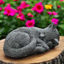 Concrete Lying Cat Statue Curled Kitten Figure Stone Garden Memorial Sculpture Outdoor Pet Decoration Animal Ornament Cement Yard Figurine - thumbnail 1