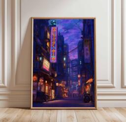 Neon Tokyo Street Poster Print, Cyberpunk Night City Wall Art, Japanese Urban Lights Decor, Futuristic Anime Style, Unframed Artwork - thumbnail 1