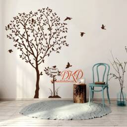 Tree Wall Decal White With Flying Birds Post Modern Home Decor-Dk404 - thumbnail 1