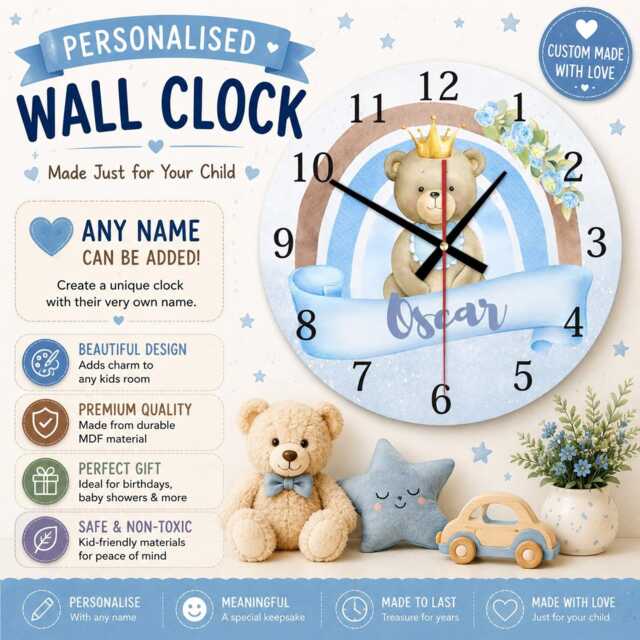 Personalized Teddy Bear Nursery Clock Custom Baby Name, Mdf, Blue Or Pink - image 1