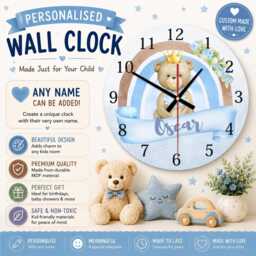 Personalized Teddy Bear Nursery Clock Custom Baby Name, Mdf, Blue Or Pink - thumbnail 1