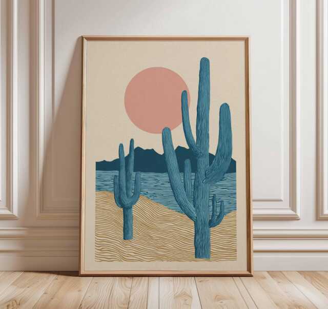 Desert Cactus Wall Art, Minimalist Boho Print With Sun & Sand, Southwest Landscape Poster in Blue Pink, Modern Home Decor Artwork - image 1