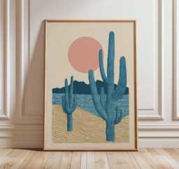 Desert Cactus Wall Art, Minimalist Boho Print With Sun & Sand, Southwest Landscape Poster in Blue Pink, Modern Home Decor Artwork - thumbnail 1