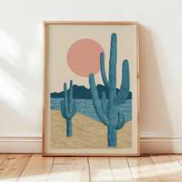 Desert Cactus Wall Art, Minimalist Boho Print With Sun & Sand, Southwest Landscape Poster in Blue Pink, Modern Home Decor Artwork - thumbnail 3