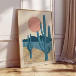 Desert Cactus Wall Art, Minimalist Boho Print With Sun & Sand, Southwest Landscape Poster in Blue Pink, Modern Home Decor Artwork - thumbnail 2