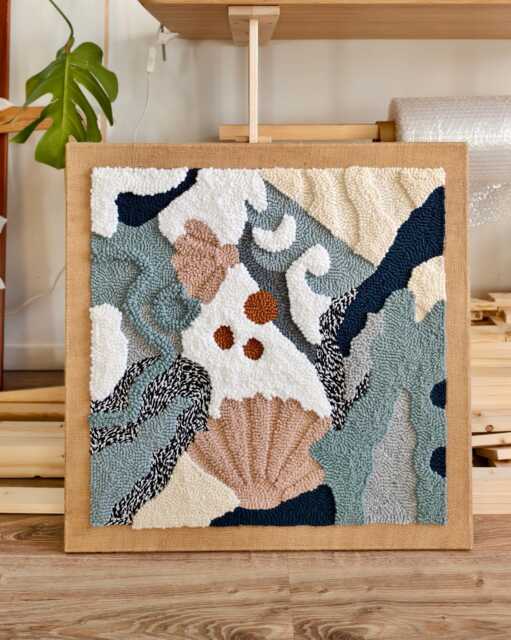 Abstract Punch Needle Wall Art, Modern Fiber Tapestry, Handmade Textile, Coastal Artwork - image 1