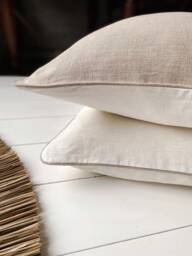 Set Of 2 Double Sided Washed Linen Pillow Cases With Contrast Edge/Off White/Natural Cushion Covers Piped Edge/