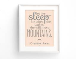 Let Her Sleep Watercolor Art Print - She Will Move Mountains Baby Girl Nursery Personalized Gift Pink & Grey Wall - thumbnail 1
