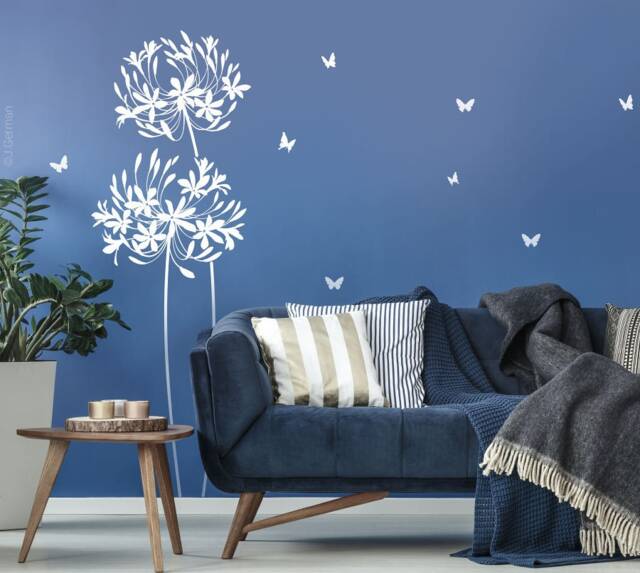 Wall Sticker Flower Agapanthus & Butterflies Floral Decal Vinyl Decor W709A - image 1