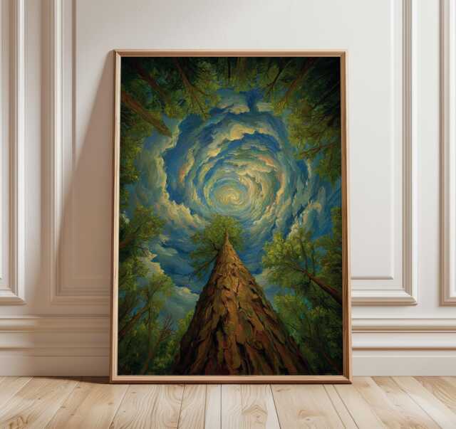 Forest Tree Trunk View Art Print, Sky Spiral Tunnel Poster, Deep Woods Nature Decor, Botanical Surrealism Painting - image 1