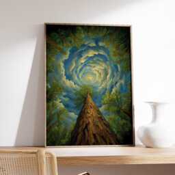 Forest Tree Trunk View Art Print, Sky Spiral Tunnel Poster, Deep Woods Nature Decor, Botanical Surrealism Painting - thumbnail 2