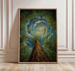 Forest Tree Trunk View Art Print, Sky Spiral Tunnel Poster, Deep Woods Nature Decor, Botanical Surrealism Painting - thumbnail 1