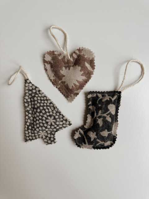Neutral Block Printed Fabric Christmas Holiday Ornament - image 1