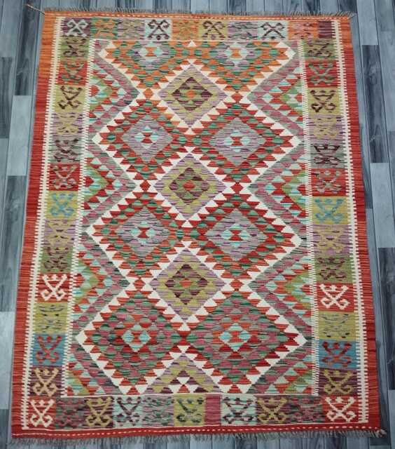 Kilim Rug Classic, Handmade Artisan Afghan Turkish, Scandinavian, Navajo, Bohemian Flatweave, Natural Wool 205x162 cm - image 1