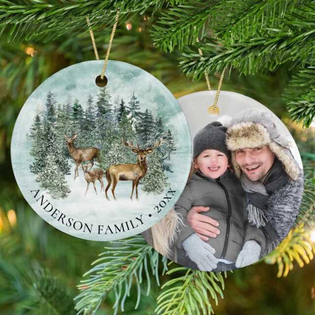 Custom New Home Ornament 2025, Christmas Woodland Deer Family Photo Ceramic Ornament, House First - image 1