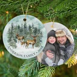 Custom New Home Ornament 2025, Christmas Woodland Deer Family Photo Ceramic Ornament, House First
