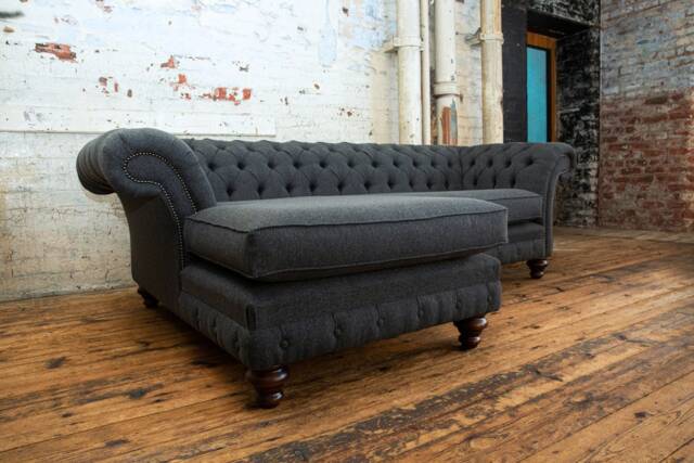 4 Seater Dark Grey Herringbone Wool Chesterfield Chaise End Corner Sofa, British Handmade - image 1