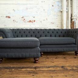 4 Seater Dark Grey Herringbone Wool Chesterfield Chaise End Corner Sofa, British Handmade - thumbnail 2