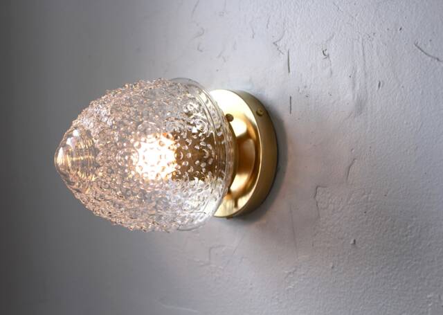 Wall Sconce Lamp, Brass Flush Mount Lighting Fixture, Textured Acorn Glass Globe Shade, Modern Industrial Lights, Wire in Or Plug - image 1