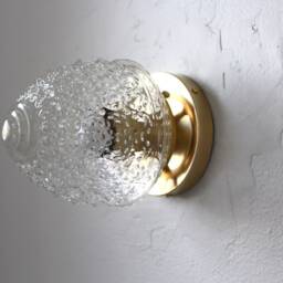 Wall Sconce Lamp, Brass Flush Mount Lighting Fixture, Textured Acorn Glass Globe Shade, Modern Industrial Lights, Wire in Or Plug - thumbnail 3