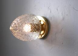 Wall Sconce Lamp, Brass Flush Mount Lighting Fixture, Textured Acorn Glass Globe Shade, Modern Industrial Lights, Wire in Or Plug