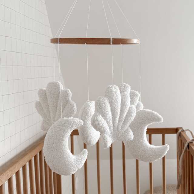 Boucle Mobile Handmade Baby Shell & Moon Nursery Decoration Neutral Decor Boucle Seashell - image 1