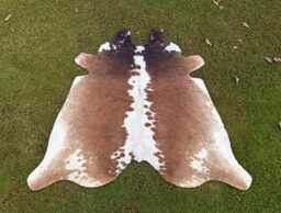 Genuine Cowhide Rug Brown & White - Tricolor Cow Skin Large Brazilian Area Western Decor - thumbnail 1