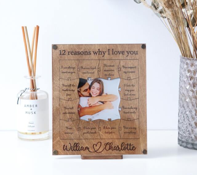 Unique Wooden Personalized Puzzle 12 Reasons Why I Love You Valentines Birthday Gift For Boyfriend Custom Collage Frame 1st Anniversary - image 1