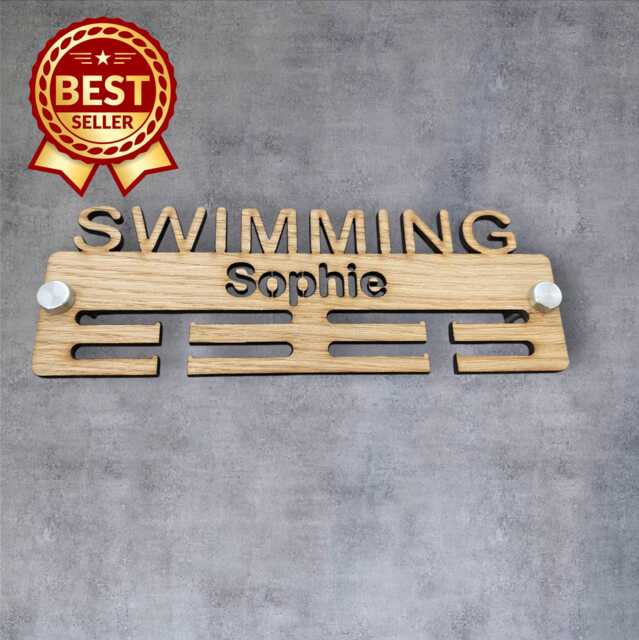 Swimming Medal Hanger - Wood Colours, Custom Name & Colour - image 1