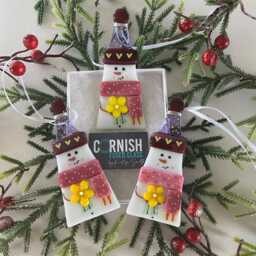 Pretty Pink Fused Glass Snowman Christmas Decoration - Tree Decoration, Cornwall, Cornish - thumbnail 2