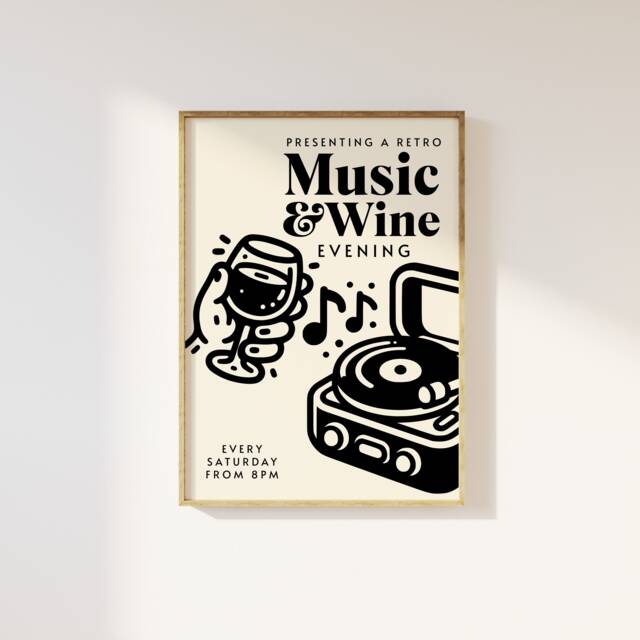 Retro Music & Wine Evening Print - Illustration Poster, Kitchen Art Dining Room, Fun Art, Club, Trendy 90S Aesthetic - image 1