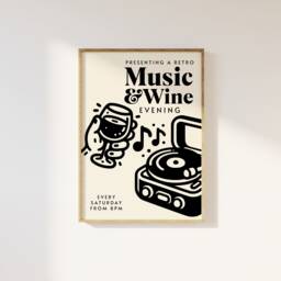 Retro Music & Wine Evening Print - Illustration Poster, Kitchen Art Dining Room, Fun Art, Club, Trendy 90S Aesthetic - thumbnail 1