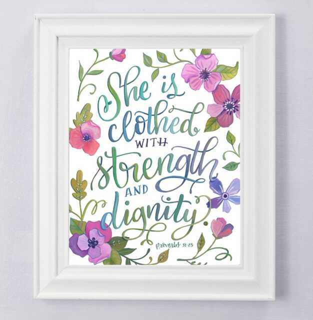 Proverbs 31 - Makewells Hand Lettered Art Print She Is Clothed in Strength & Dignity Scripture Wall Decor - image 1
