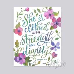 Proverbs 31 - Makewells Hand Lettered Art Print She Is Clothed in Strength & Dignity Scripture Wall Decor - thumbnail 2