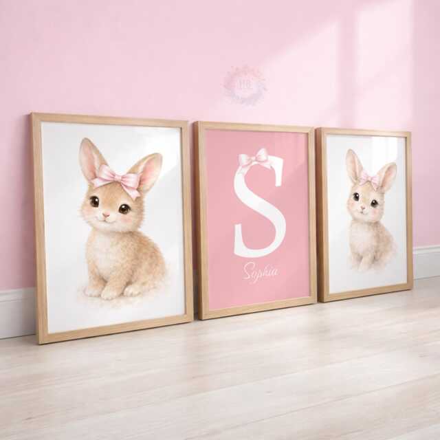 Girls Nursery Print Set - Personalised Pink Rabbit Bow Prints, Girl Bedroom Wall Art Decor - image 1