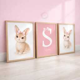 Girls Nursery Print Set - Personalised Pink Rabbit Bow Prints, Girl Bedroom Wall Art Decor
