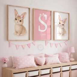 Girls Nursery Print Set - Personalised Pink Rabbit Bow Prints, Girl Bedroom Wall Art Decor - thumbnail 2