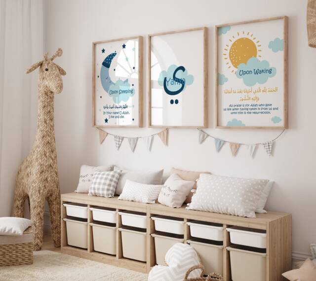 Set Of 3 Personalised Kids Morning & Sleeping Dua Islamic Wall Art Prints Blue - image 1