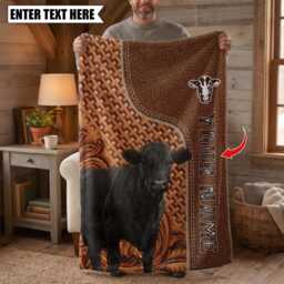 Personalized Name Black Angus Leather Pattern Blanket, Custom Farm Bedroom Decor Gift - thumbnail 2