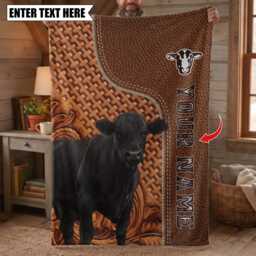Personalized Name Black Angus Leather Pattern Blanket, Custom Farm Bedroom Decor Gift - thumbnail 1