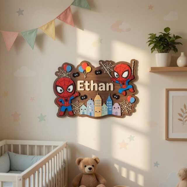 Personalized Spider-Man Nursery Name Sign, 3D Wood Superhero Wall Art, Custom Baby Boy Room Decor, Spidey Hero Gift - image 1