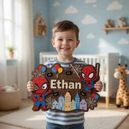 Personalized Spider-Man Nursery Name Sign, 3D Wood Superhero Wall Art, Custom Baby Boy Room Decor, Spidey Hero Gift - thumbnail 2