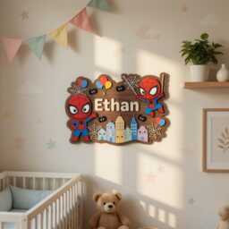 Personalized Spider-Man Nursery Name Sign, 3D Wood Superhero Wall Art, Custom Baby Boy Room Decor, Spidey Hero Gift - thumbnail 1