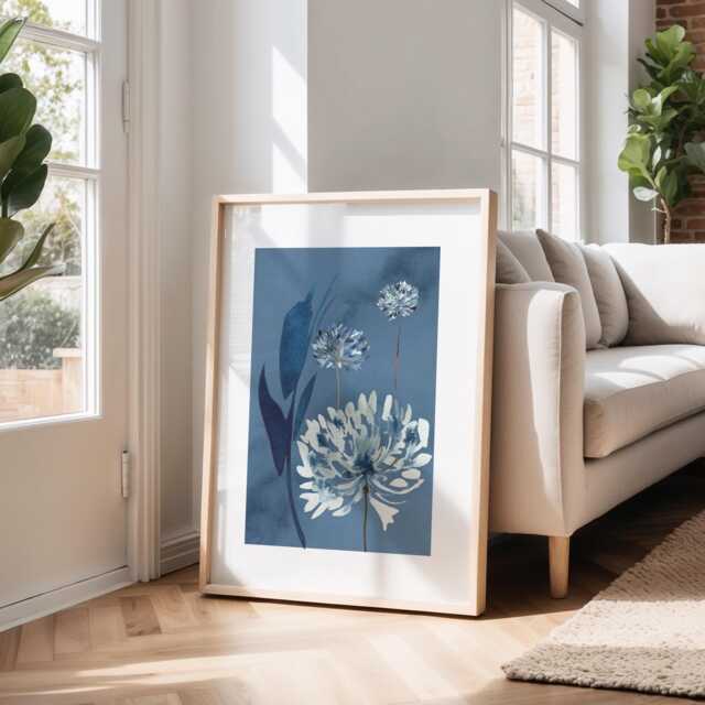 Blue Allium Print, Navy Floral Wall Art, Watercolour Flowers, Botanical Art Poster, Unframed - image 1